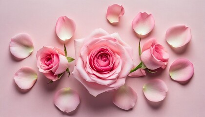 pink rose petals set on pastel pink background