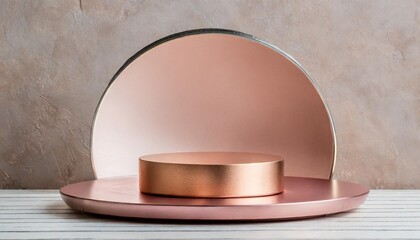 rose gold and pink low platform in studio with metal circular shape form in the center on a clean backdrop for product