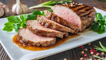closeup view of medium rare roasted pork meat on plate slices of juicy pork steak or angus steak