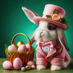 Nice easter bunny with eggs in pink  on color background, maded with artificial intelligence - 761834449