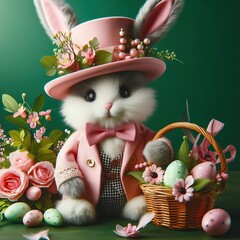 Nice easter bunny with eggs in pink  on color background, maded with artificial intelligence - 761834459