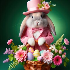 Nice easter bunny with eggs in pink  on color background, maded with artificial intelligence - 761834460
