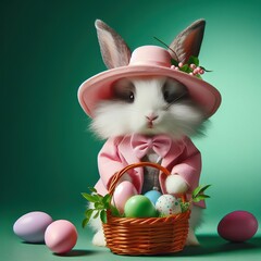 Nice easter bunny with eggs in pink  on color background, maded with artificial intelligence - 761834465