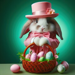Nice easter bunny with eggs in pink  on color background, maded with artificial intelligence - 761834477