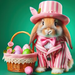 Nice easter bunny with eggs in pink  on color background, maded with artificial intelligence - 761834480