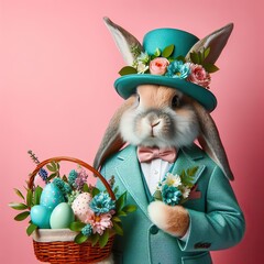 Nice easter bunny with eggs in pink  on color background, maded with artificial intelligence - 761834483