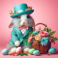Nice easter bunny with eggs in pink  on color background, maded with artificial intelligence - 761834490