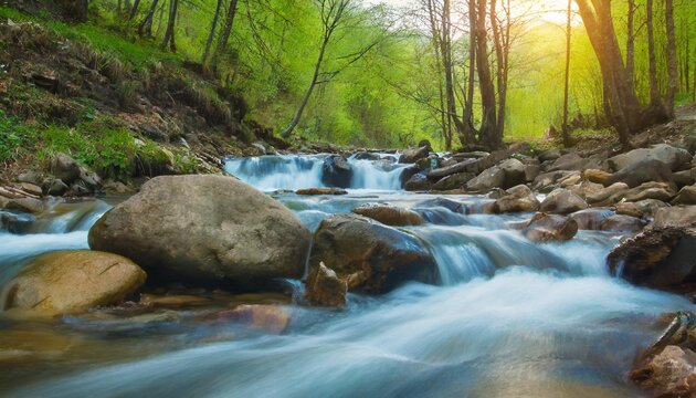 spring forest nature landscape beautiful spring stream river rocks in mountain forest