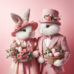 A couple of Easter bunnies in pink suits and dresses with hats holding a basket of Easter eggs on a pink background, created using artificial intelligence - 761834600