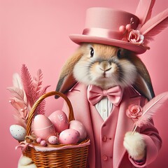 Nice easter bunny with eggs in pink  on color background, maded with artificial intelligence - 761834638