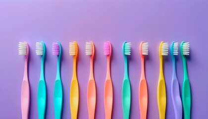 Different pastel tooth brushes pattern on isolated background. Many toothbrush choices for dental care and oral prevention hygiene. Family teeth care dentist concept created with generative ai - obrazy, fototapety, plakaty