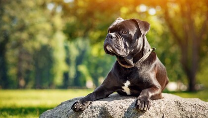card with a huge dog on a grey stone in the sun in park cane corso in the role of lion king - obrazy, fototapety, plakaty