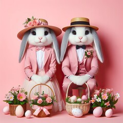 A couple of Easter bunnies in pink suits and dresses with hats holding a basket of Easter eggs on a pink background, created using artificial intelligence - 761834695