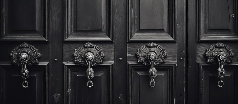 A monochrome photo featuring a line of black wooden doors with elegant door knockers. The doors are set against a grey wall, each with a unique door handle and lock