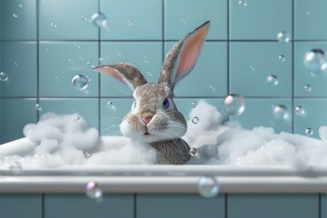 Cute Easter Bunny Taking a Bubble Bath - obrazy, fototapety, plakaty