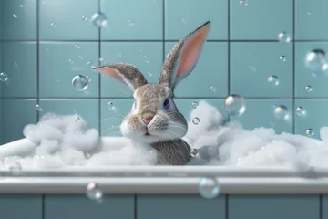 Abwaschbare Fototapete Graffiti-Collage Cute Easter Bunny Taking a Bubble Bath
