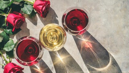glasses of red rose and white wine with sunshine shadow effect concept of wine tasting flat lay top view