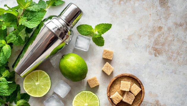 mojito ingredients shaker lime mint leaves cane sugar and ice cubes on a light vintage background top view flat lay copy space vertical