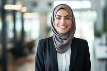 Radiant Muslim smiling businesswoman. Young arabic female. Generate Ai
