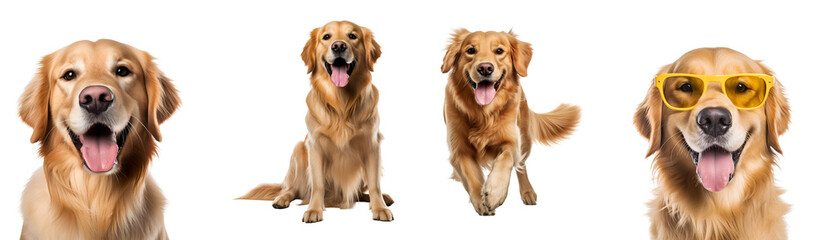 Happy golden retriever dog in action: running, sitting, close up, playing, with sunglasses, Isolated on Transparent Background, PNG