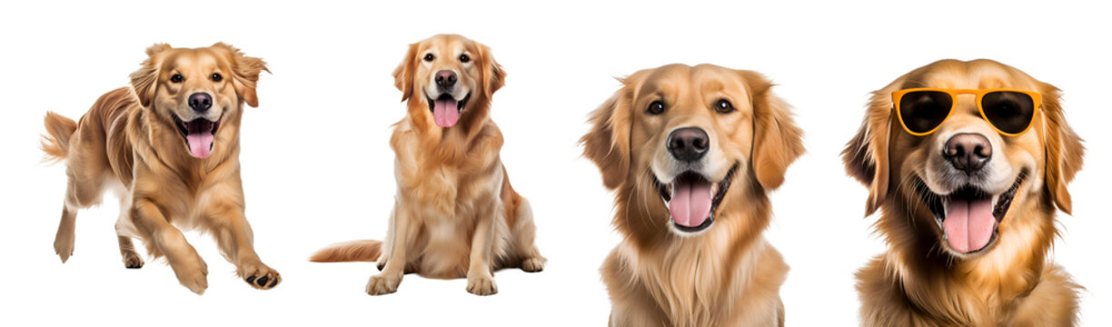 Set of golden retriever dog’s activities: happy, running, sitting, close up, playing, with sunglasses, Isolated on Transparent Background, PNG