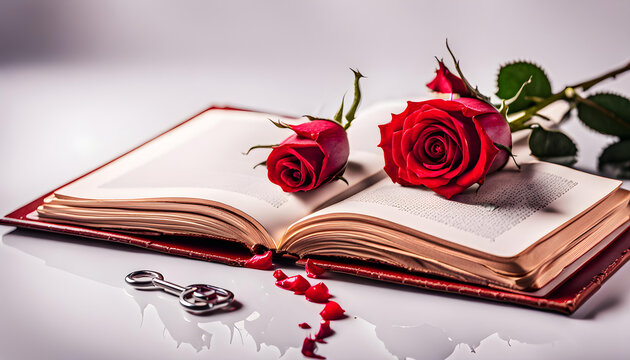 Two red roses on old book laying on glazed floor
