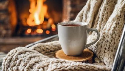 Poster mug with hot tea standing on a chair with woolen blanket in a cozy living room with fireplace © Nichole
