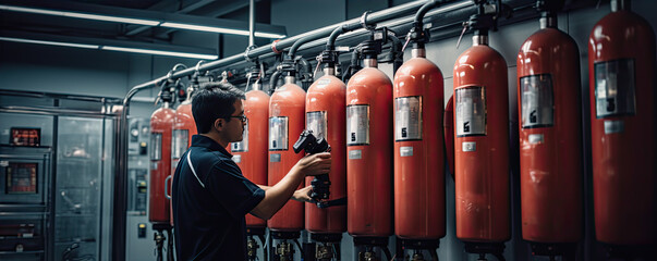 Professional engeneer checking a red fire extinguisher in warehouse