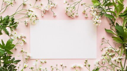 A blank white card surrounded by a lush array of soft flowers and fresh green leaves on a pastel pink background serves as an inviting template for a warm greeting or elegant announcement - obrazy, fototapety, plakaty