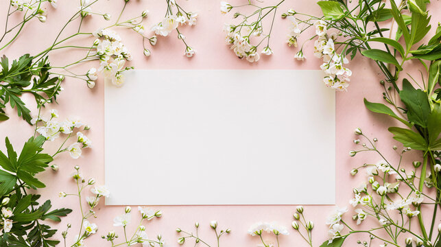 A blank white card surrounded by a lush array of soft flowers and fresh green leaves on a pastel pink background serves as an inviting template for a warm greeting or elegant announcement
