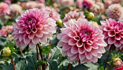 dahlias in pink tones in a flower bed a considerable quantity of flowers dahlias with petals in various tones of pink color