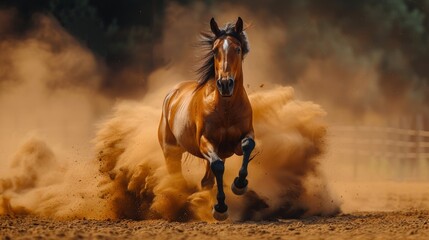 Horse galloping in dust on a background of dark forest.