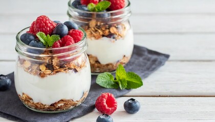 two jars with tasty parfaits made of granola berries and yogurt on white wooden table shot at angle...