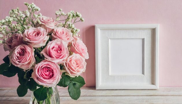 simple square white photo frame mockup with bouquet of pink roses in a pink pastel wall background
