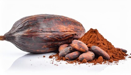 roasted cocoa beans powder and pods isolated on white background - obrazy, fototapety, plakaty