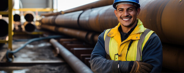 worker stands in front of large gas pipes or sewage drain pipes - obrazy, fototapety, plakaty