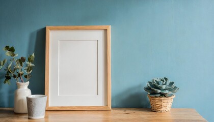 simple elegance wood photo frame mockup in a simple elegant living room with blue pastel colored wall background
