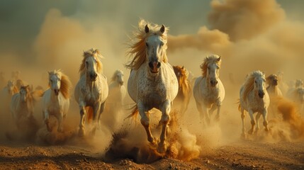 White horses run gallop in the desert with dust and clouds.