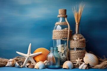 Sea Shells Blue Background, Seashells, Rope and Bottles Mockup in Rustic Style Texture, Wood