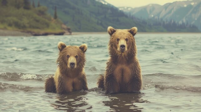 Vintage style image of two young Brown Bears (Ursus arctos) in Lake Clark National Park, Alaska, USA