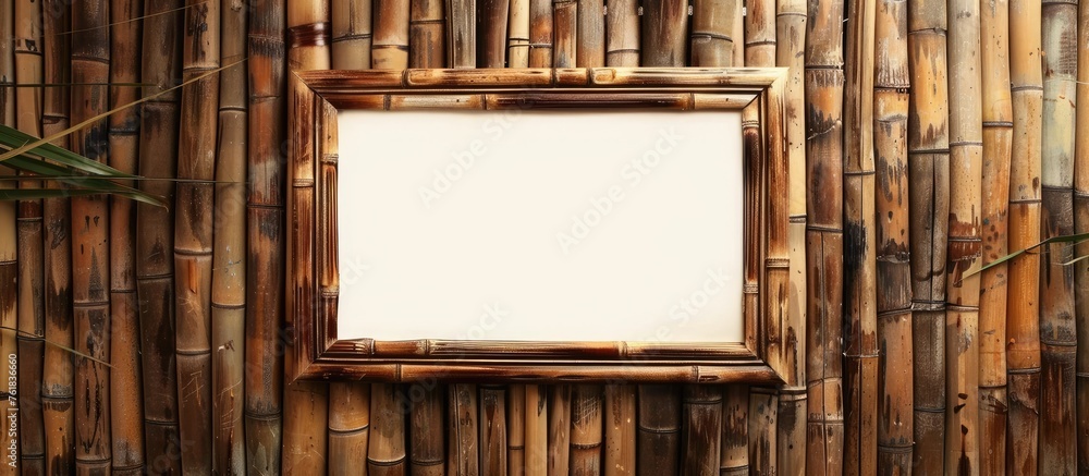 Poster a rectangular wood picture frame hangs on a bamboo wall, creating symmetry and adding visual arts to