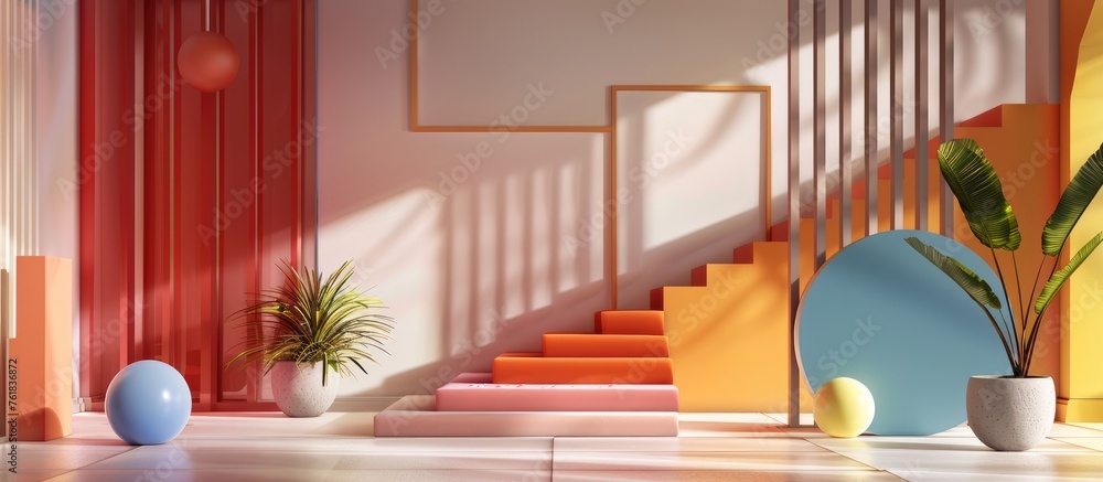 Sticker Abstract interior design with colorful gradient objects and a brown room