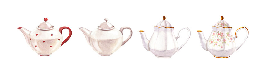 Porcelain ceramic set white teapot with a pattern of roses and gold classic style. Watercolor hand-drawn illustration isolated on white background. Perfect for recipe lists with drinks for cafe - obrazy, fototapety, plakaty