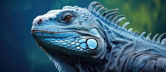 A closeup shot of a vibrant electric blue iguana with its jaws open, observing the camera. This reptile sits in a natural landscape, showcasing its unique color and scaly skin texture