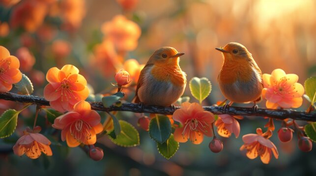 Two robin birds sitting on a branch of a flowering quince