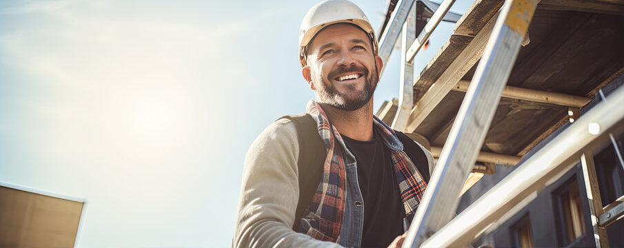 Carpenter in helmet smile and working on roof