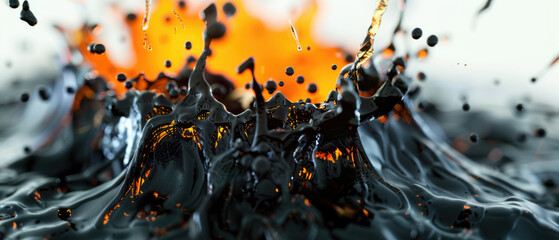 Dynamic splash of black and orange ferrofluid liquid
