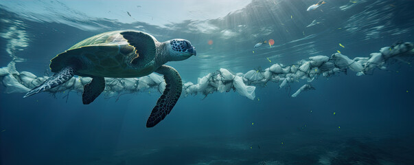 Turtle swimming in blue ocean full plastic waste.