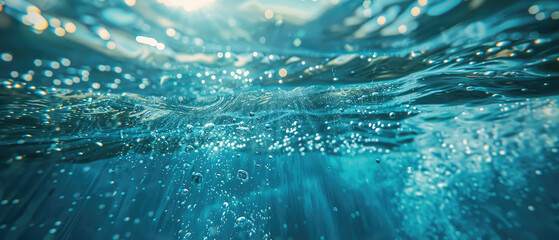Underwater view with sunrays and bubbles