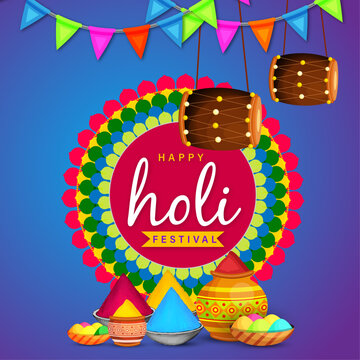 Happy Holi festival. colorful pot and powder. vector illustration design.